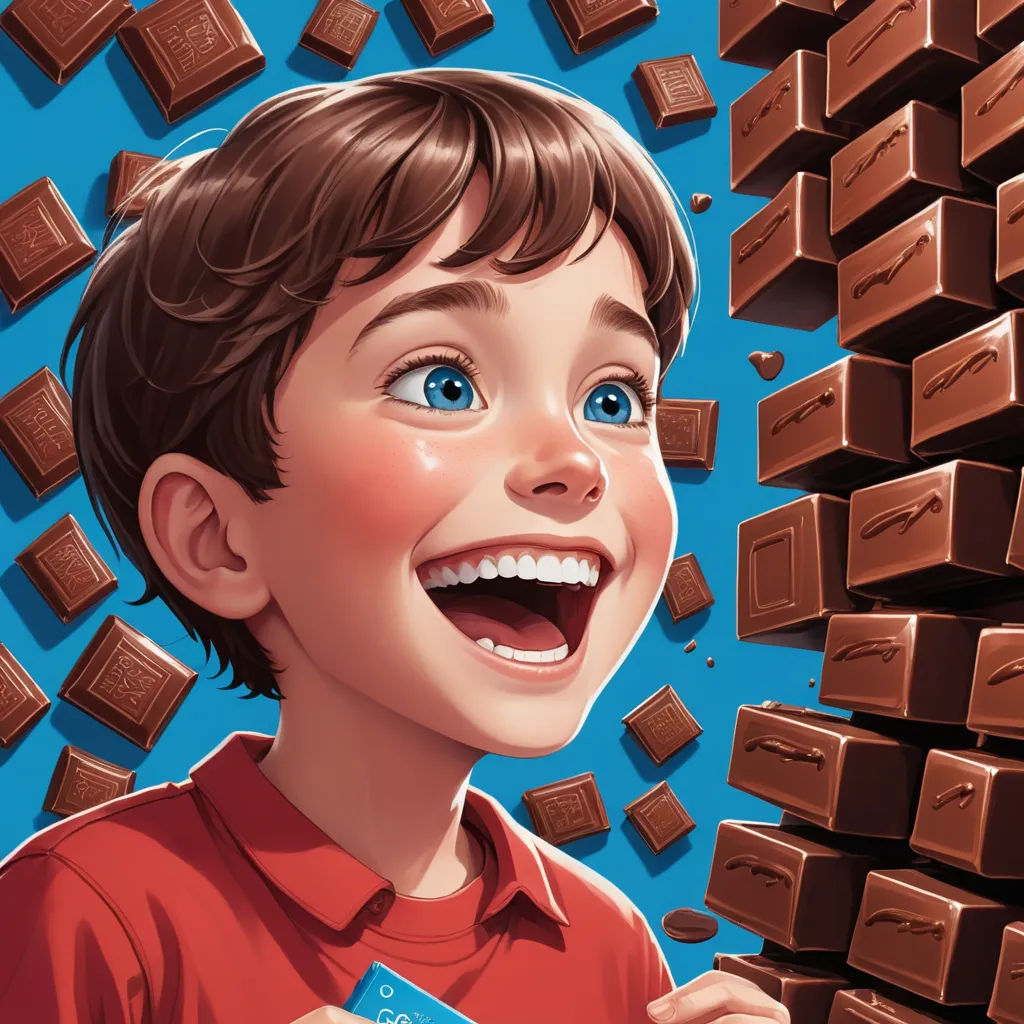 a boy is smiling and surrounded by chocolate bars on a blue background with a blue sky in the background, hyperrealism, a storybook illustration, Aaron Jasinski, highly detailed digital painting