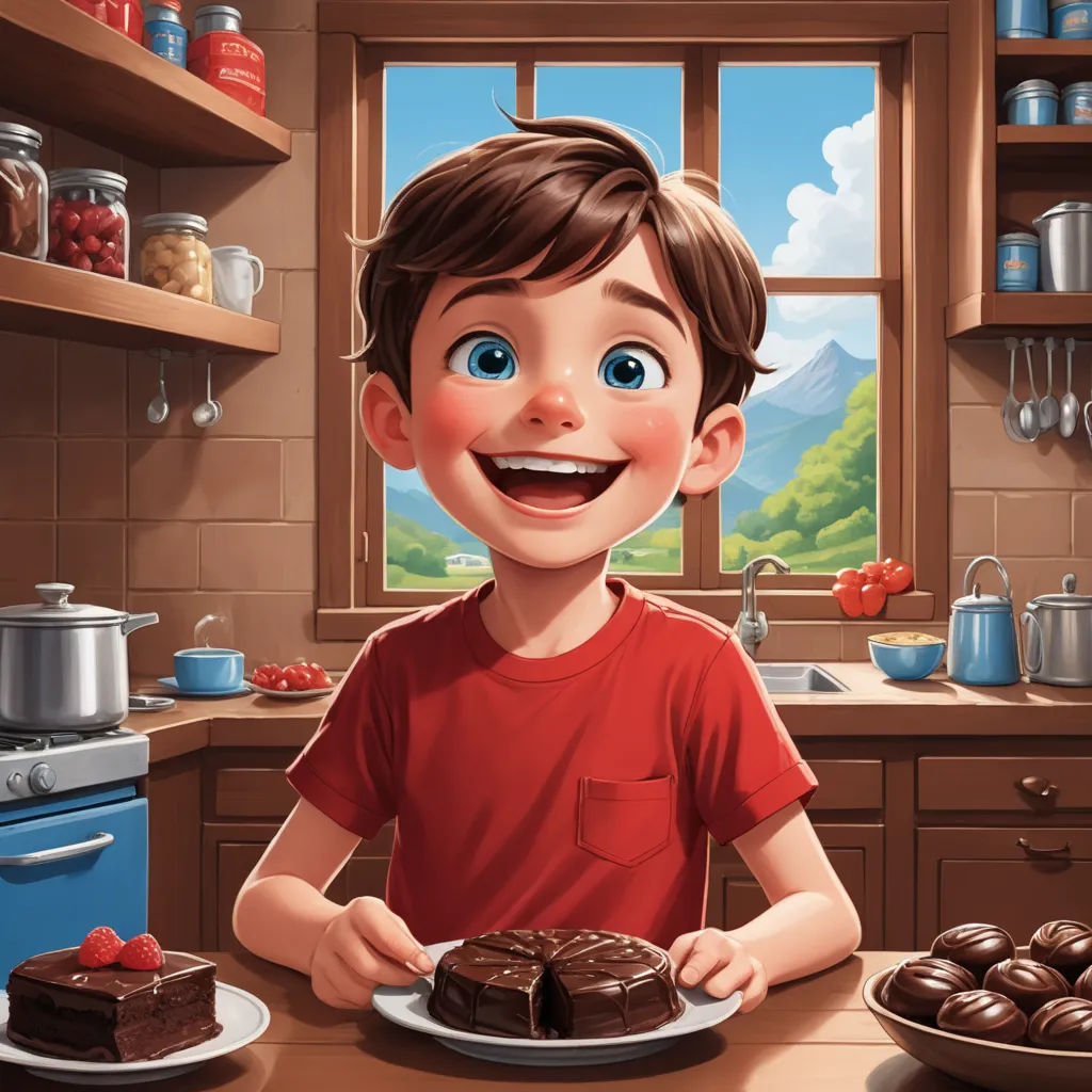 a boy is smiling while holding a plate of chocolate cake in a kitchen with a mountain view behind him, photorealism, a storybook illustration, Cliff Childs, storybook illustration