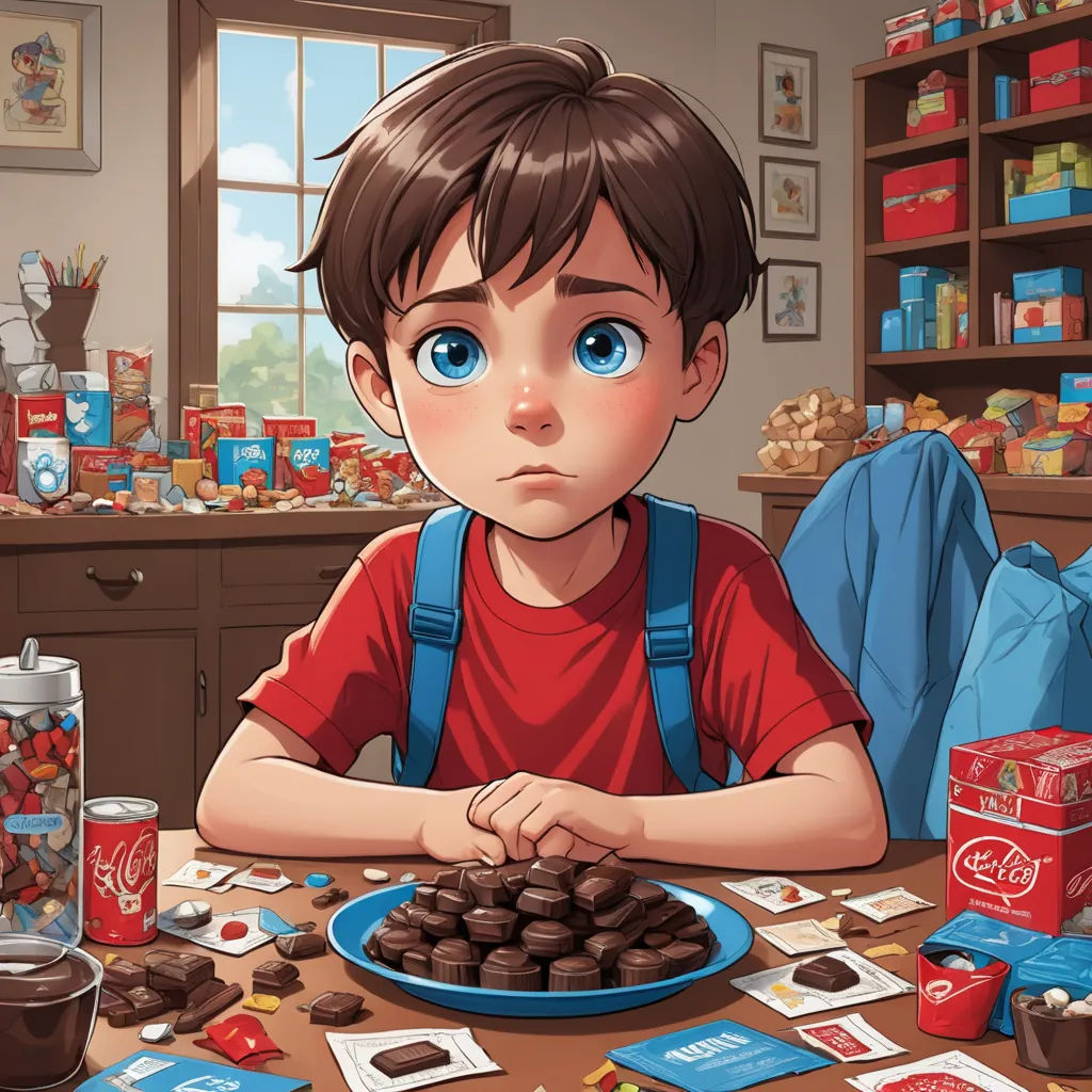 a boy sitting at a table with a plate of chocolate cookies in front of him and a box of coke, hyperrealism, a storybook illustration, Diego Gisbert Llorens, storybook illustration