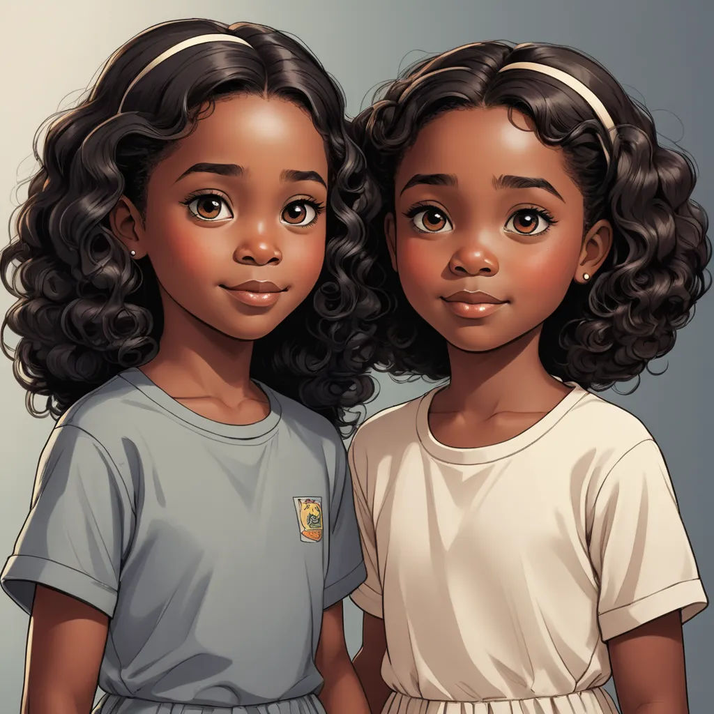 two young girls standing next to each other with curly hair and blue eyes and one has a white shirt on, photorealism, concept art, Artgerm, cgstudio