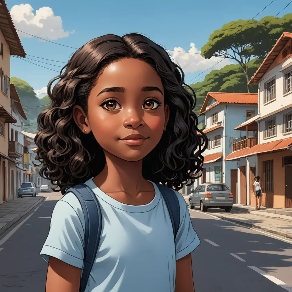 a cartoon girl with curly hair standing in the street in front of a building and a car on the road, photorealism, a character portrait, Chris LaBrooy, cgstudio