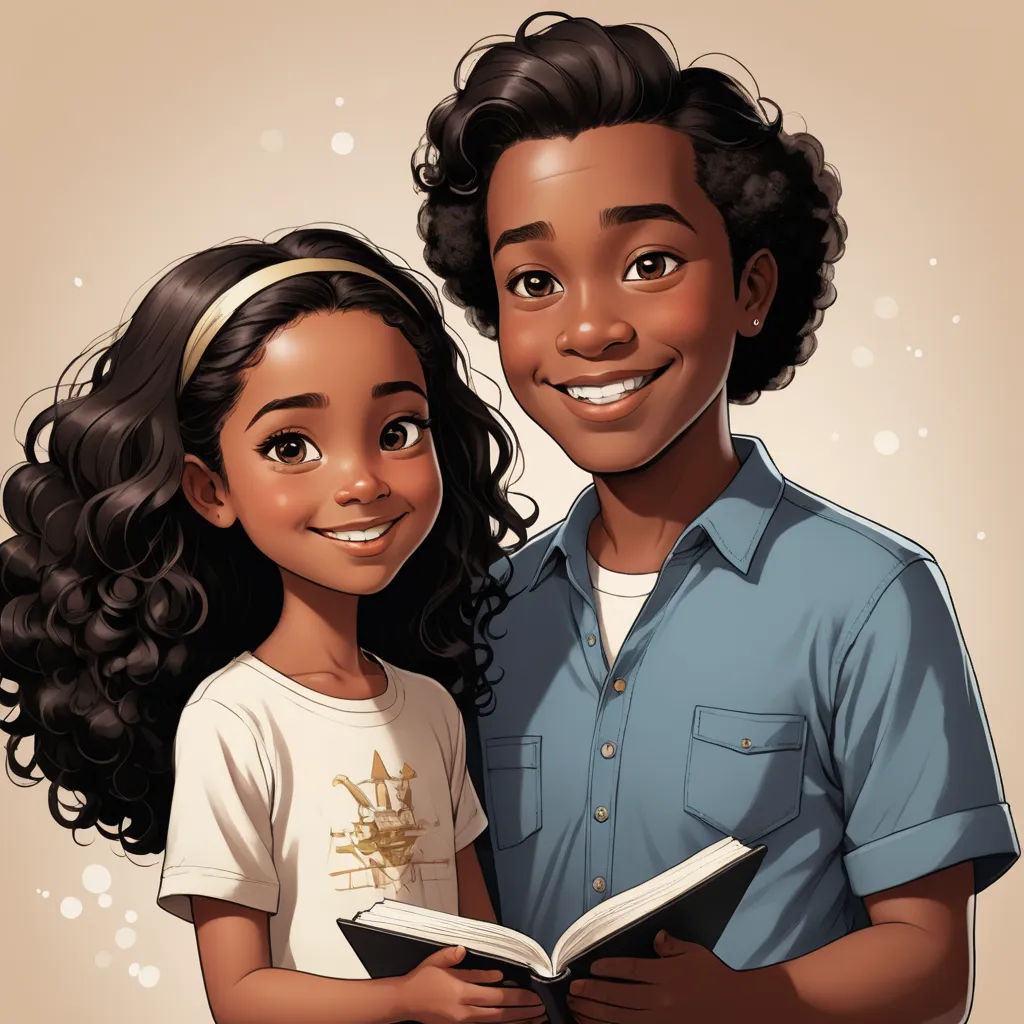 a boy and girl are smiling while holding a book together, with a background of bubbles and bubbles behind them, harlem renaissance, a storybook illustration, Felix-Kelly, comic cover art