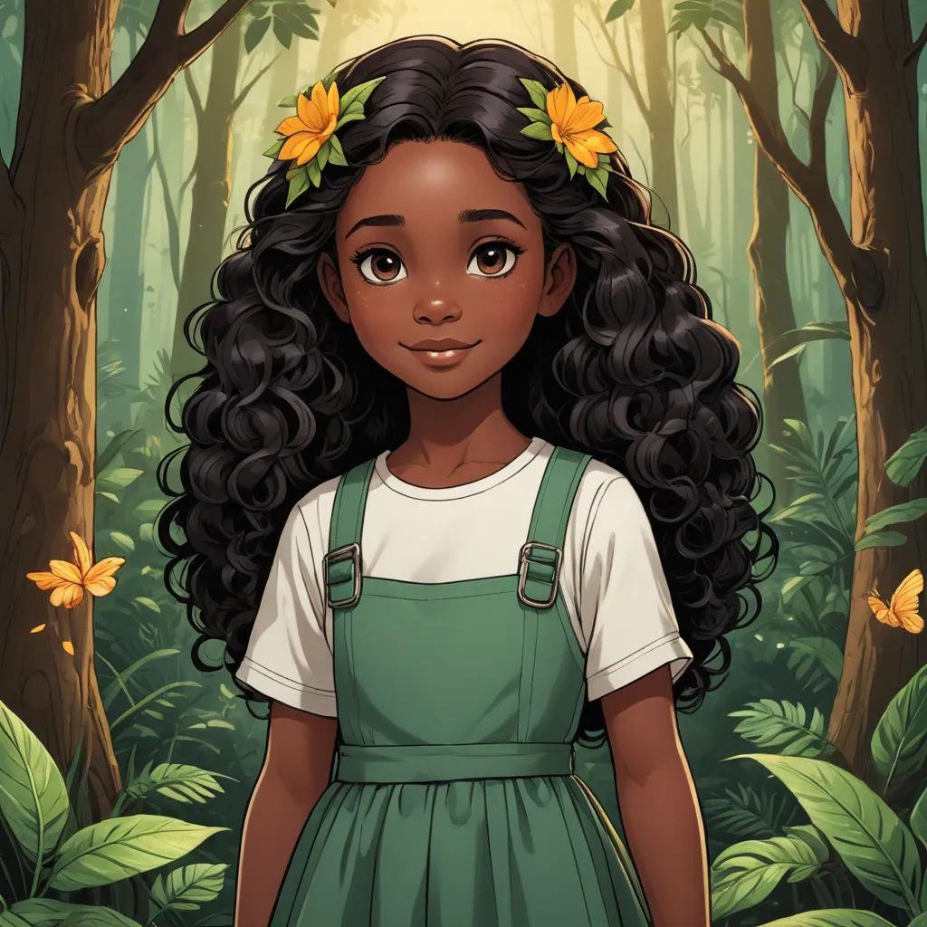 a girl in a forest with flowers in her hair and a green dress with a white shirt and green overalls, naturalism, a character portrait, Clarice Beckett, character portrait