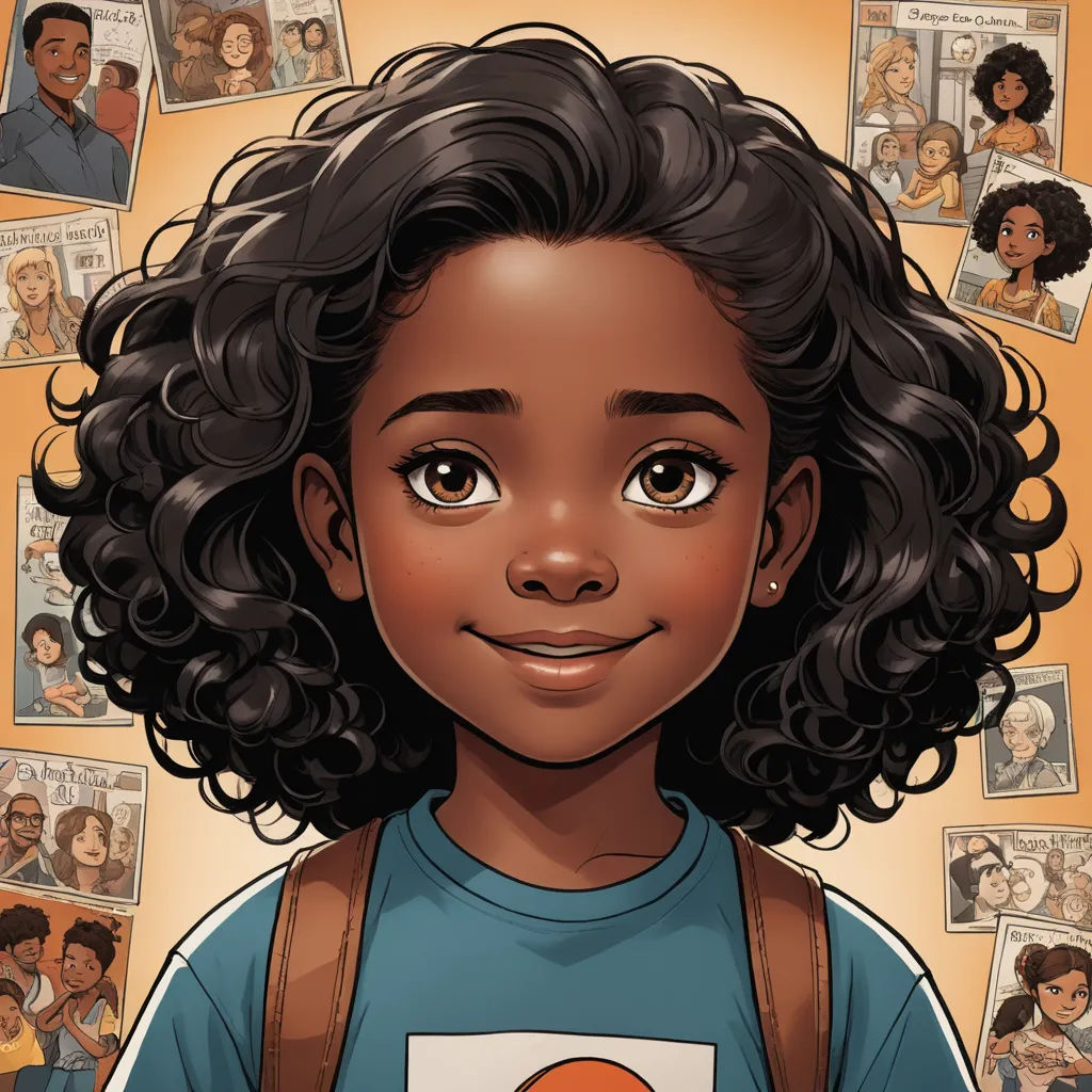 a cartoon of a young girl with curly hair and a backpack on her shoulder, surrounded by portraits of people, harlem renaissance, a character portrait, Constance Gordon-Cumming, comic cover art