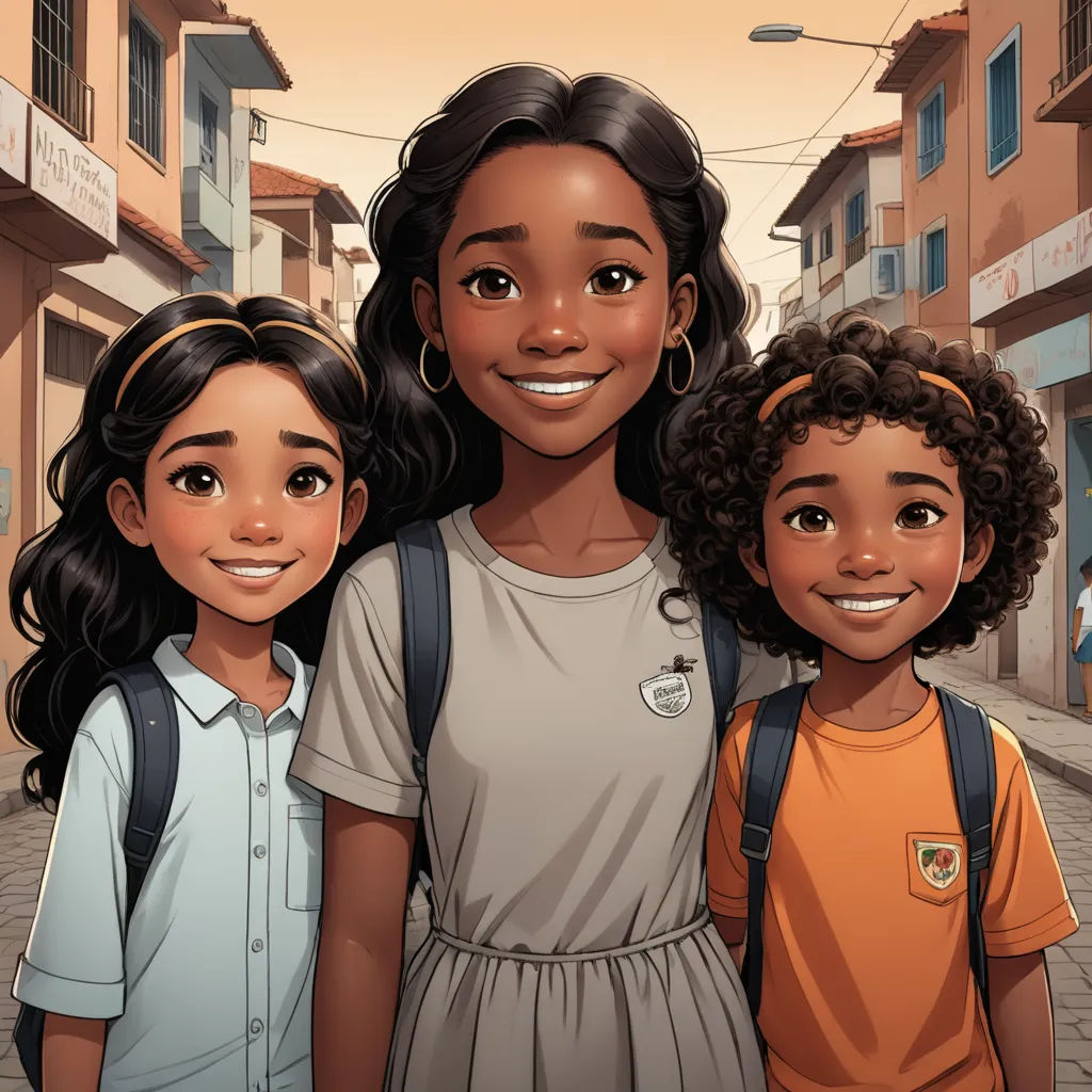 a group of three children standing next to each other on a street corner with buildings in the background and a woman smiling at the camera, serial art, concept art, Ella Guru, comic cover art
