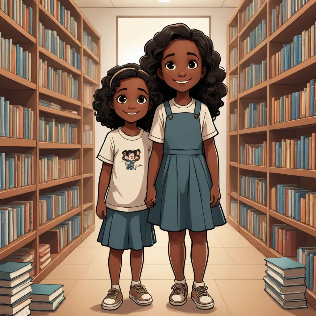 two girls standing in a library with bookshelves behind them and a light shining on them behind them, sots art, a storybook illustration, Ada Gladys Killins, official art