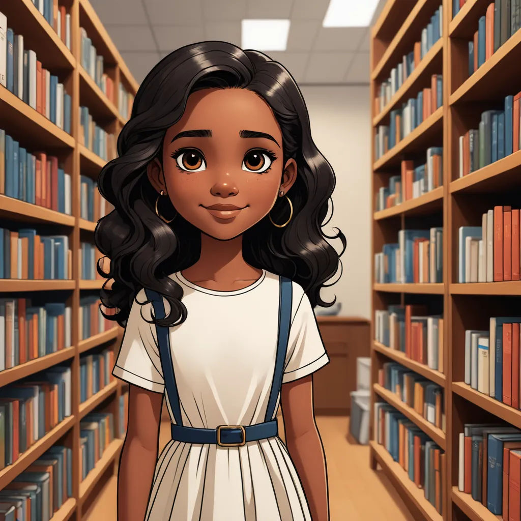 a cartoon girl standing in a library with bookshelves behind her and a camera in her hand to her left, sots art, a character portrait, Clarice Beckett, official art