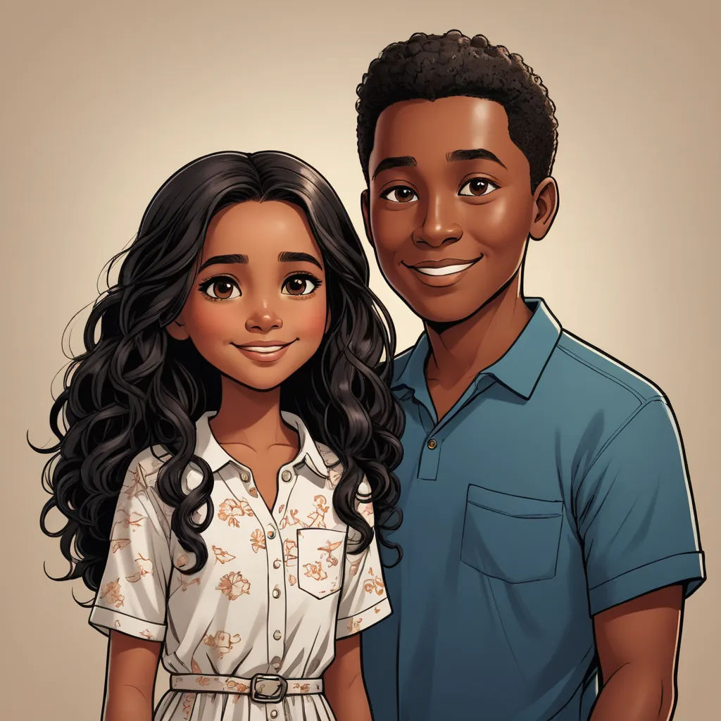 a cartoon of a man and a woman standing next to each other, smiling at the camera, with a brown background, sots art, concept art, Felix-Kelly, official art