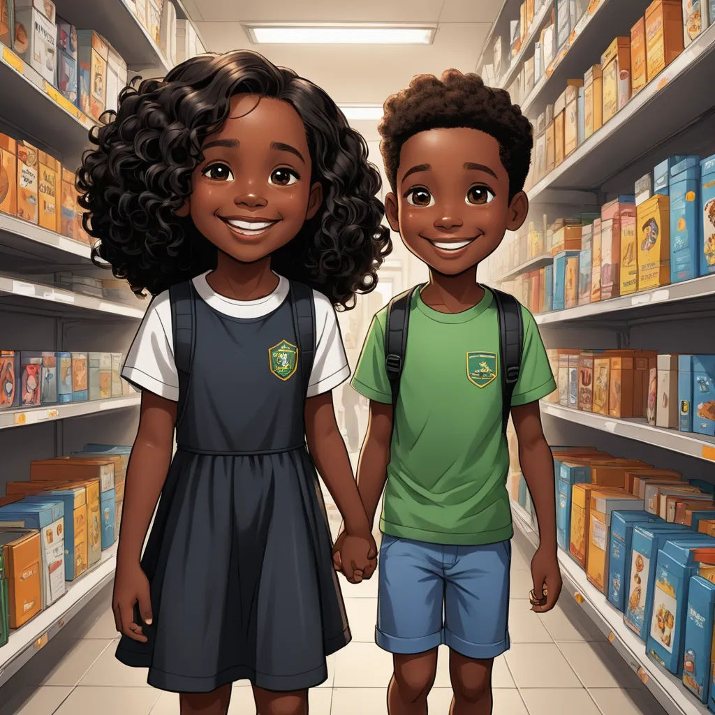 a couple of kids standing in a store aisle holding hands and smiling at the camera with a shelf full of milk, afrofuturism, a storybook illustration, Felix-Kelly, official art