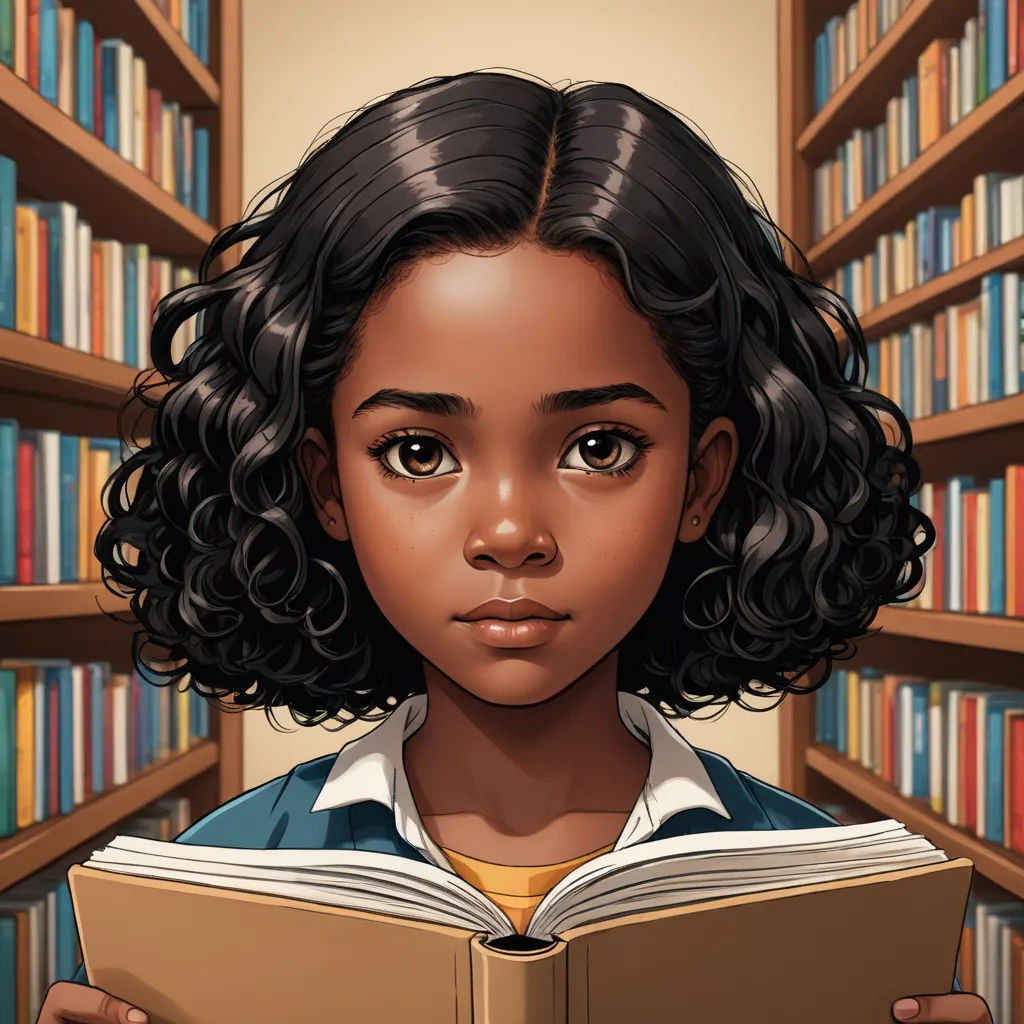 a young girl reading a book in a library with bookshelves behind her and a cartoonish look on her face, fantasy art, a character portrait, Constance Gordon-Cumming, character portrait
