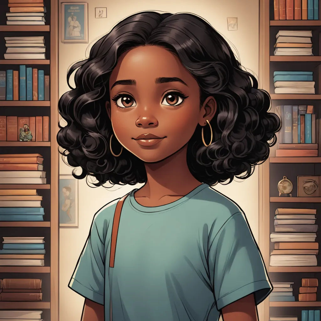 a cartoon girl with curly hair standing in front of a bookshelf with books on the shelves behind her, sots art, a character portrait, Constance Gordon-Cumming, kinkade