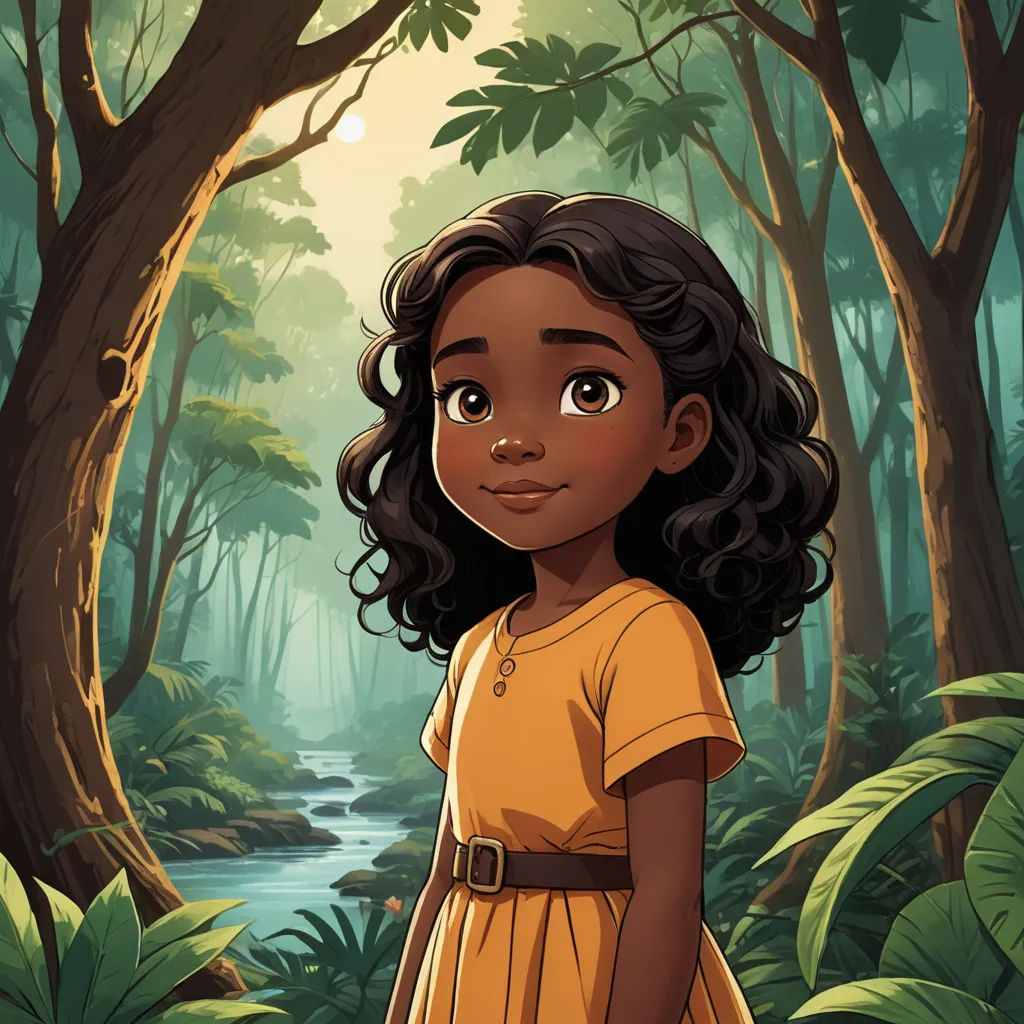 a young girl in a yellow dress standing in a forest with a stream in the background and trees around her, sots art, a character portrait, Ella Guru, official art