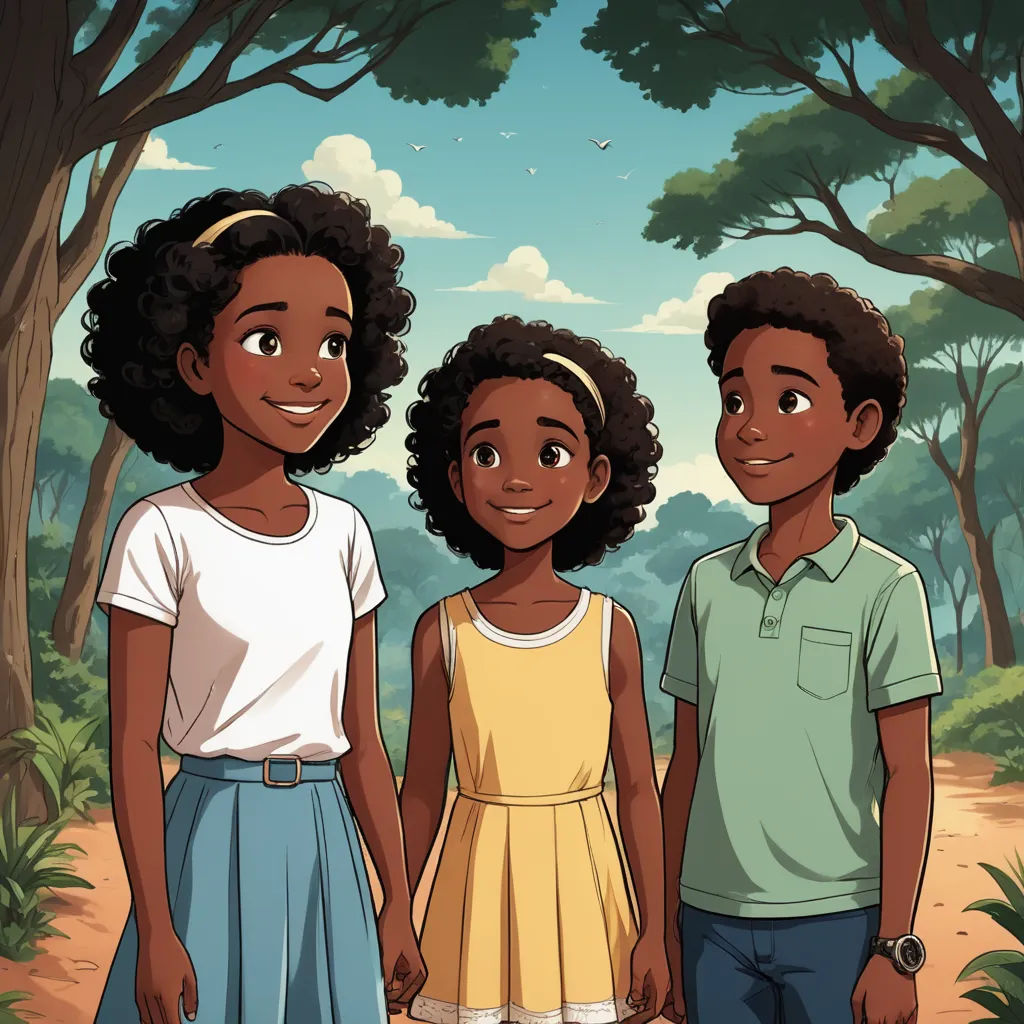 a couple of kids standing next to each other in a forest with trees and bushes behind them, with a sky background, afrofuturism, a storybook illustration, Chinwe Chukwuogo-Roy, comic cover art