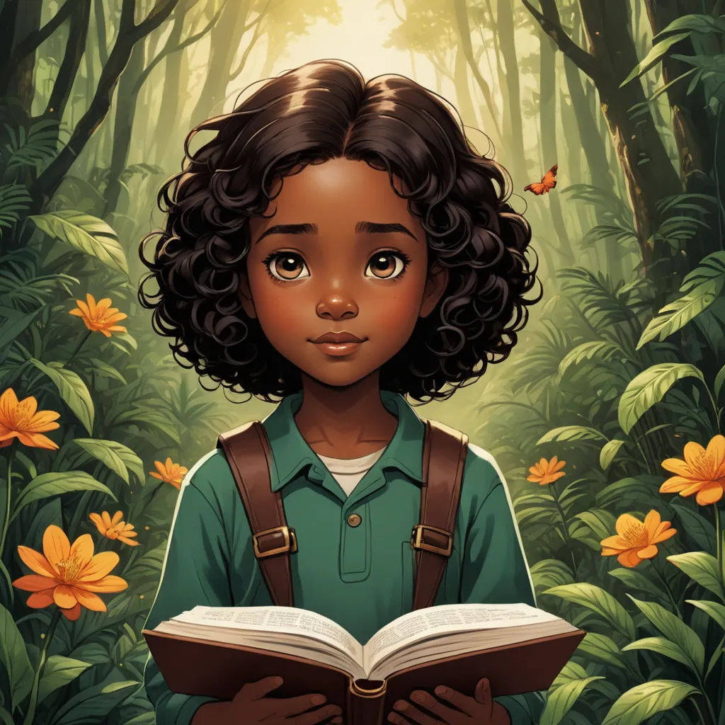 a young girl is reading a book in the woods with flowers around her and a butterfly flying overhead in the sky, magical realism, a character portrait, Cedric Seaut (Keos Masons), comic cover art