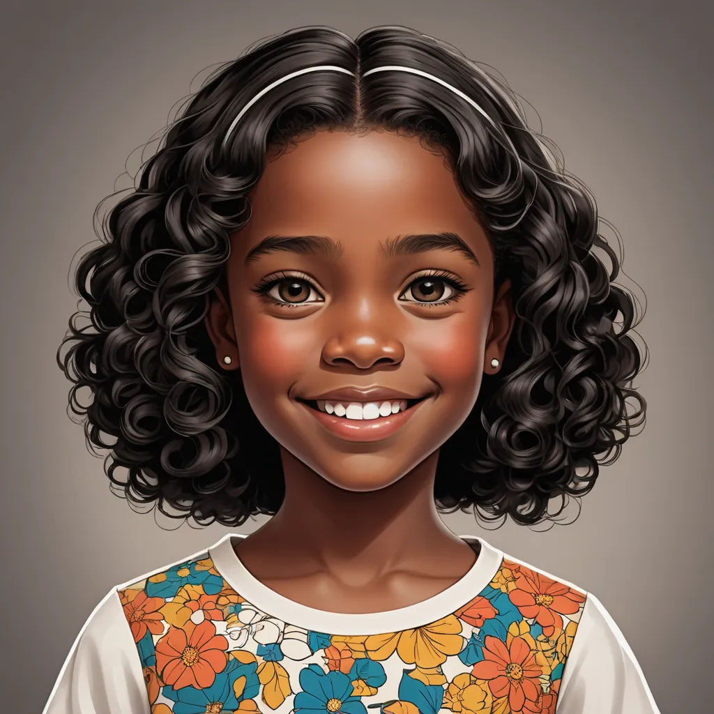 a digital painting of a young girl with curly hair and a flowered shirt on, smiling at the camera, photorealism, an ultrafine detailed painting, Constance Gordon-Cumming, highly detailed digital painting