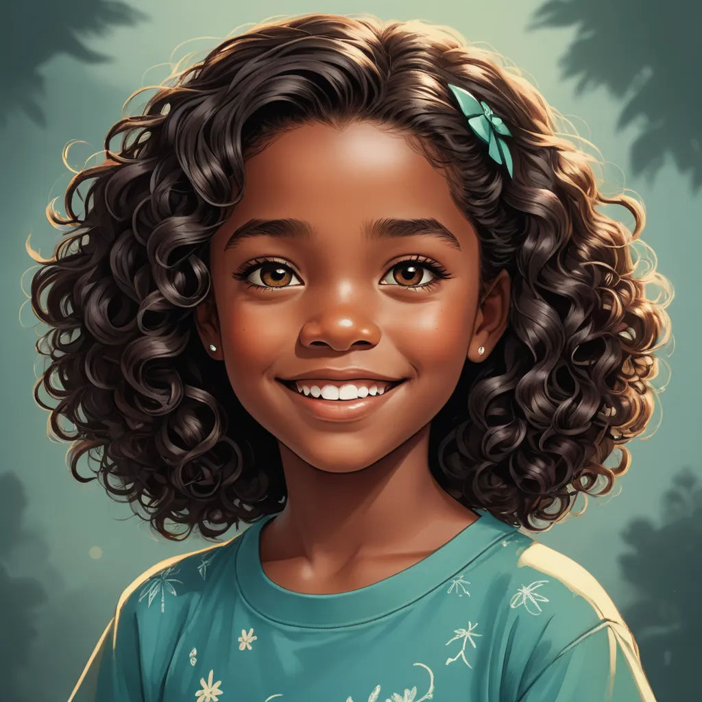 a painting of a young girl with curly hair and a green shirt smiling at the camera with a palm tree in the background, photorealism, an ultrafine detailed painting, Constance Gordon-Cumming, highly detailed digital painting