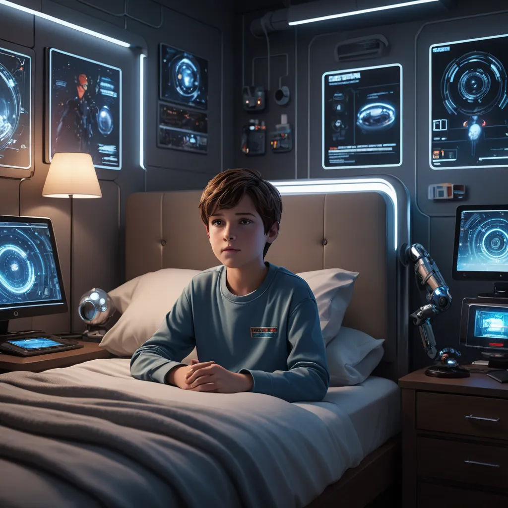 a boy sitting on a bed in a room with multiple monitors and a lamp on the wall above him, space art, computer graphics, Beeple, cinema 4 d