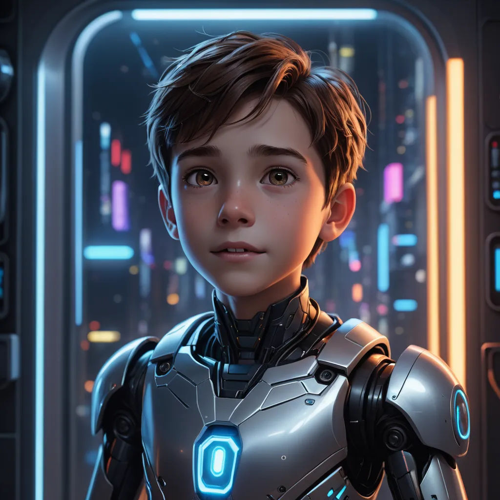 a young boy in a futuristic suit looking at the camera with a city in the background and a neon light, retrofuturism, a computer rendering, Alejandro Burdisio, rossdraws global illumination