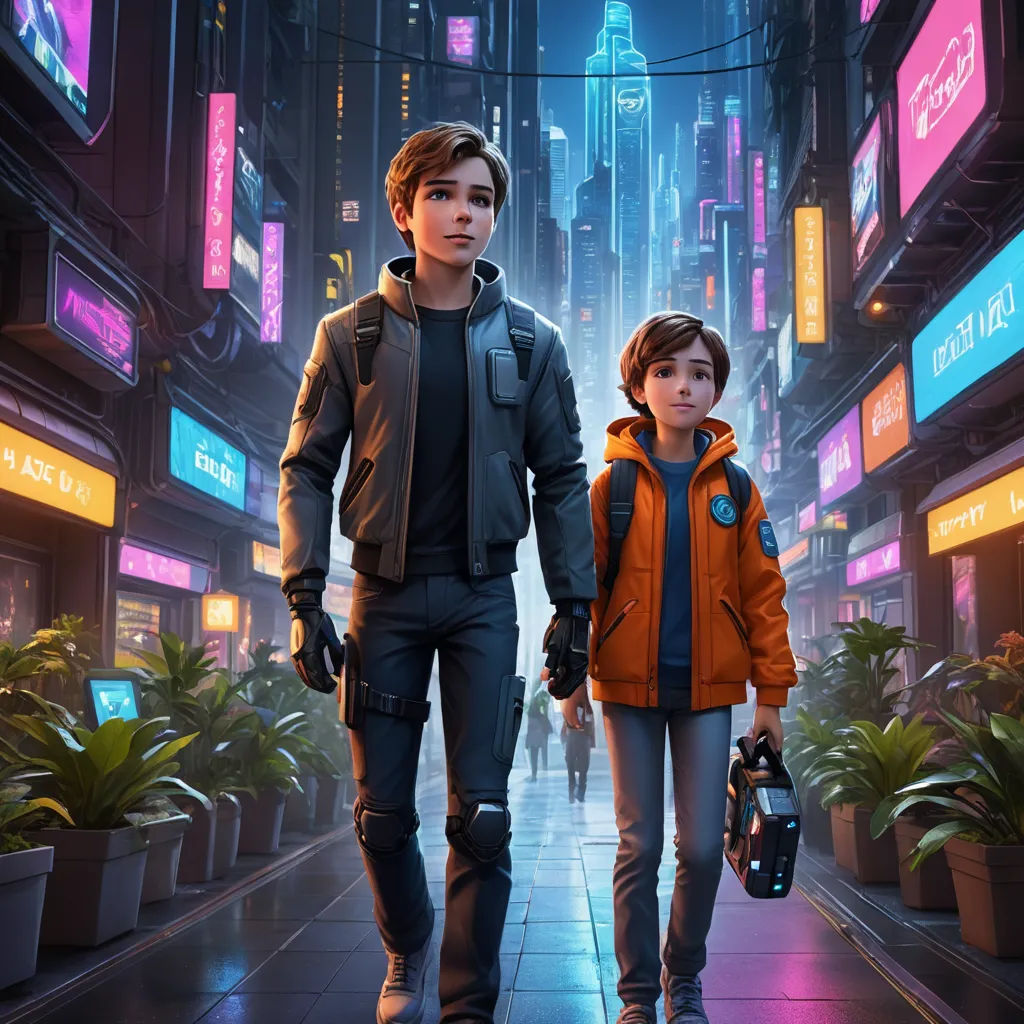 a man and a woman walking down a city street at night with neon signs on the buildings behind them, retrofuturism, concept art, Beeple, key art