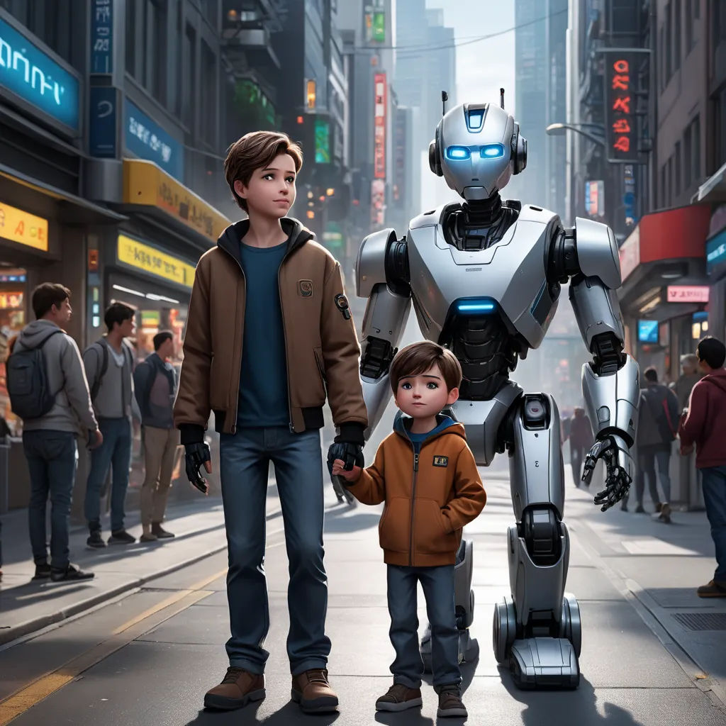 a man and a boy standing next to a robot on a city street with people walking by on the sidewalk, panfuturism, concept art, Ai-Mitsu, cgstudio