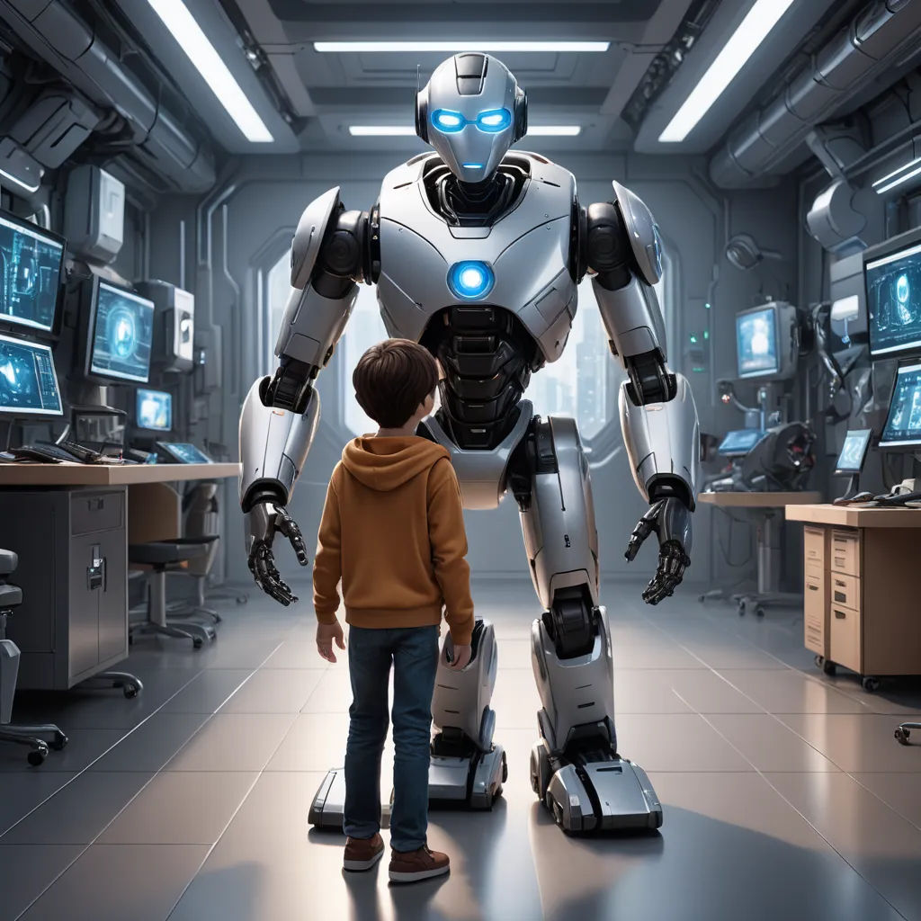 a boy standing in front of a robot in a room with many monitors and televisions on the walls, les automatistes, a computer rendering, Beeple, promotional image