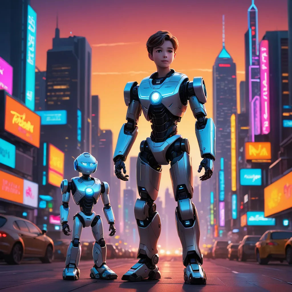 a robot and a man standing in the middle of a city at night with neon lights on the buildings, retrofuturism, concept art, Beeple, promotional image