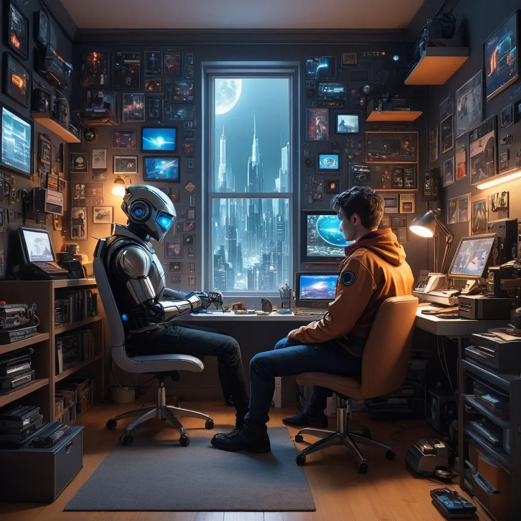a man sitting in a chair in front of a window with a robot on it in front of a computer desk, retrofuturism, cyberpunk art, Chris LaBrooy, cgstudio