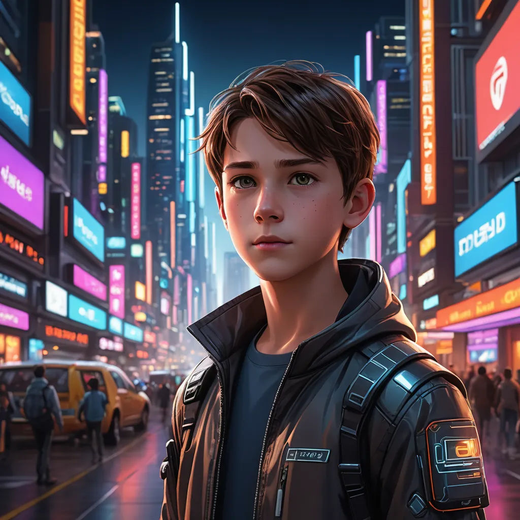 a young man standing in the middle of a city at night with neon signs on the buildings and people walking around, retrofuturism, cyberpunk art, Clint Cearley, rossdraws global illumination