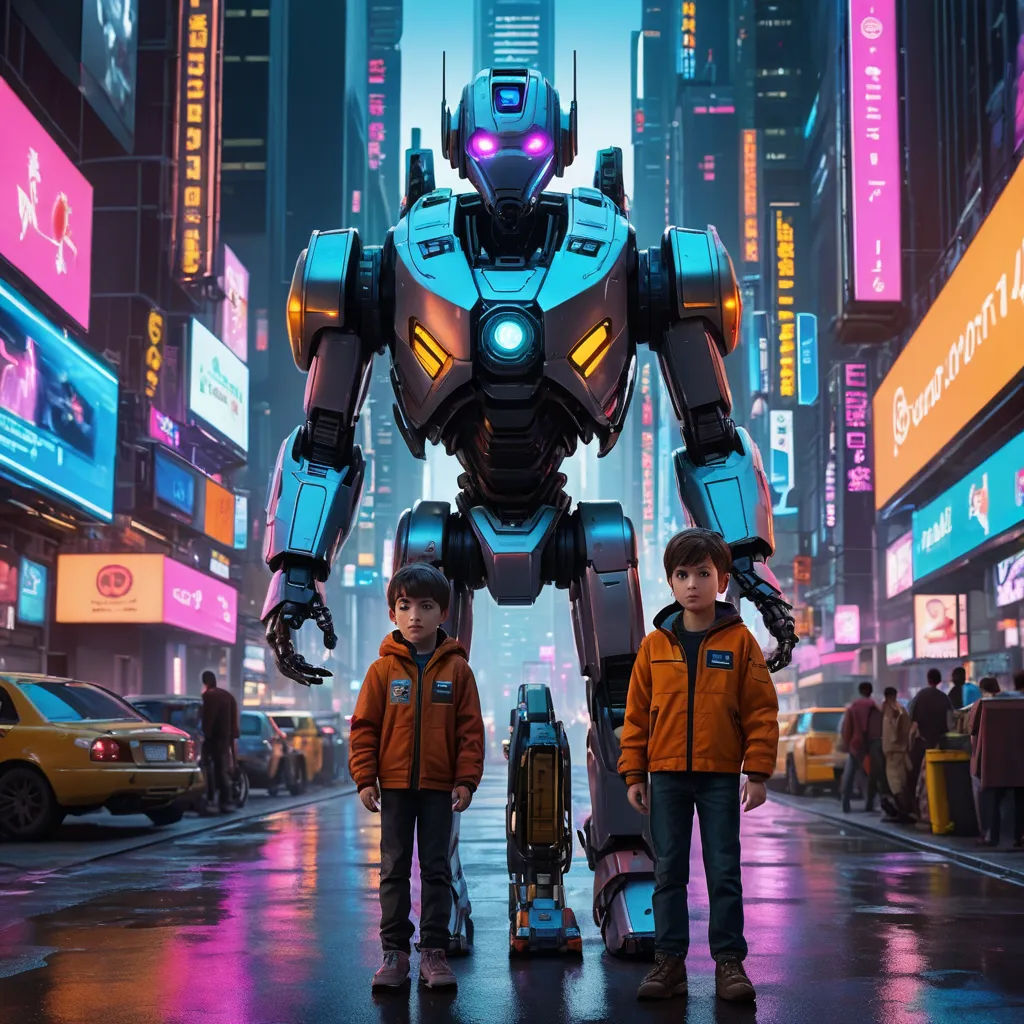a group of children standing in front of a robot in a city at night with neon lights on the buildings, retrofuturism, poster art, Beeple, promotional image