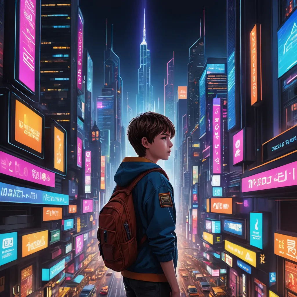 a boy with a backpack looking at a city at night with neon lights and billboards on the buildings, retrofuturism, cyberpunk art, Chris LaBrooy, dan mumford. octane render