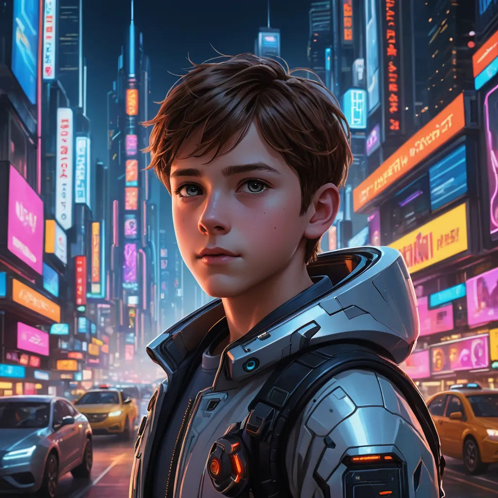 a young man in a futuristic city with neon signs and neon lights on the buildings and cars in the background, retrofuturism, cyberpunk art, Clint Cearley, rossdraws global illumination