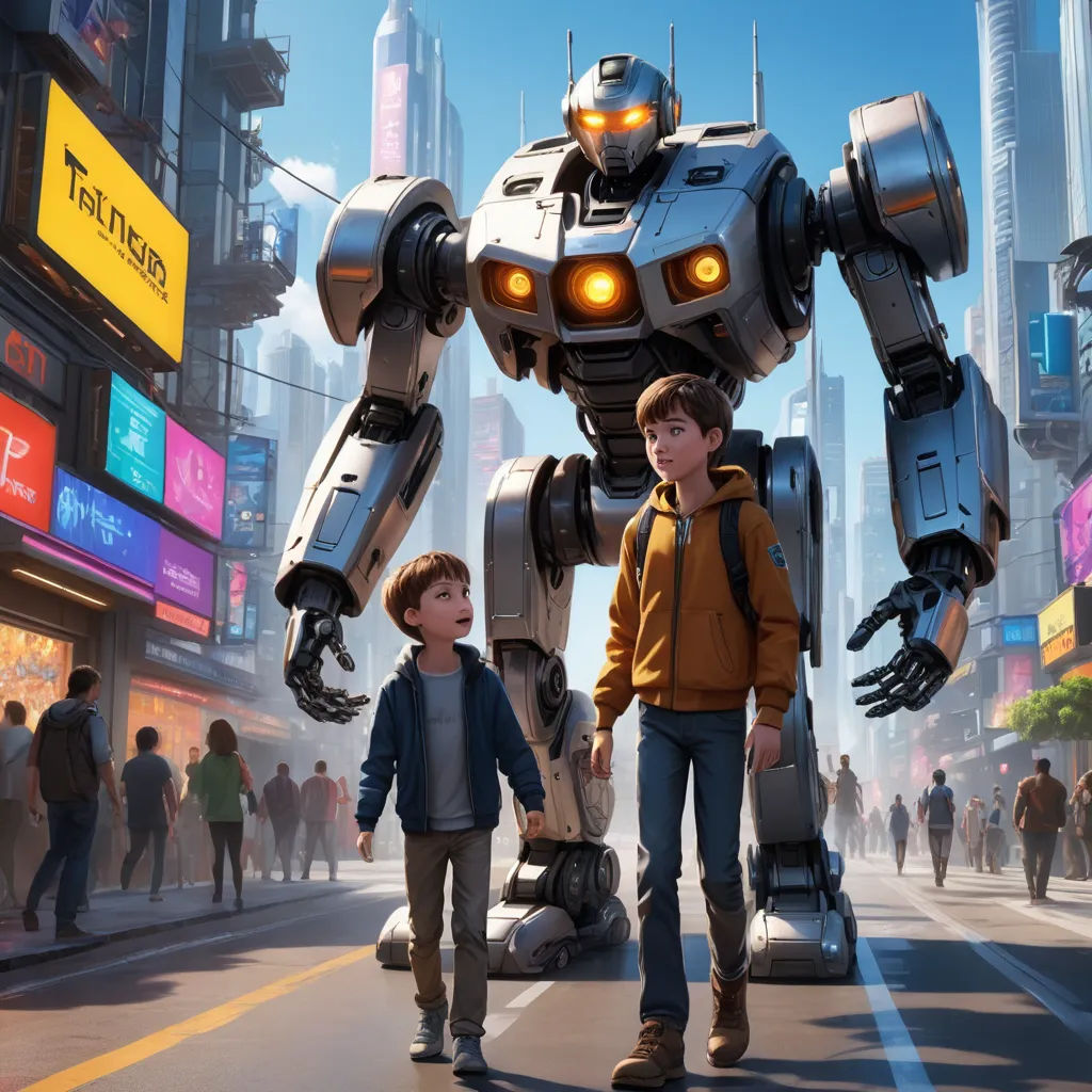 a boy and a boy are walking down the street with a giant robot behind them in a cartoon style, retrofuturism, concept art, Beeple, promotional image