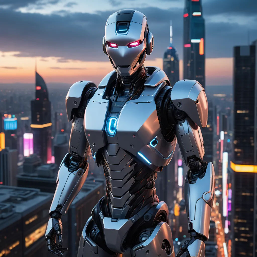 a robot standing in front of a city skyline at night with a glowing eye on his face and arms, antipodeans, a 3D render, Beeple, half robot