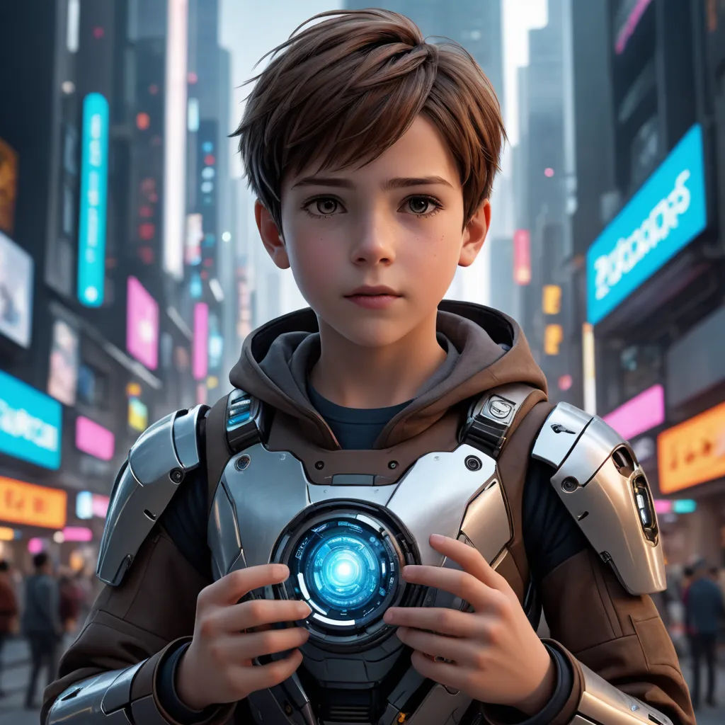 a boy in a futuristic suit holding a camera in a city street at night with neon signs and buildings, photorealism, a computer rendering, David Park, cgstudio