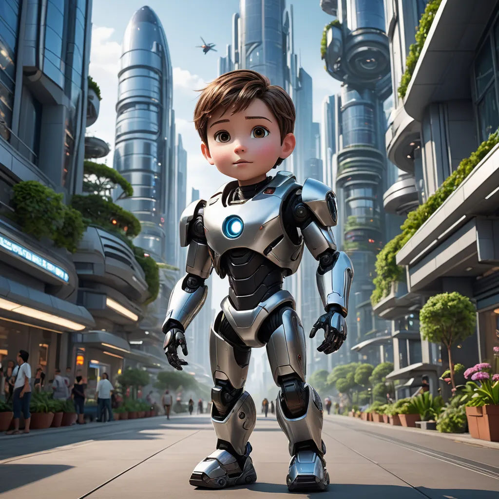 a robot standing in front of a cityscape with people walking by it and a building in the background, retrofuturism, a computer rendering, Cedric Seaut (Keos Masons), promotional image
