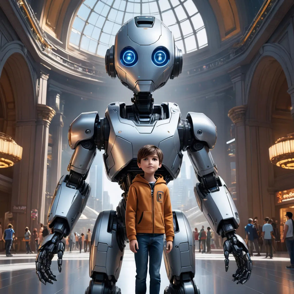 a boy standing in front of a robot in a building with a skylight above him and a large round window, les automatistes, a poster, Beeple, promotional image