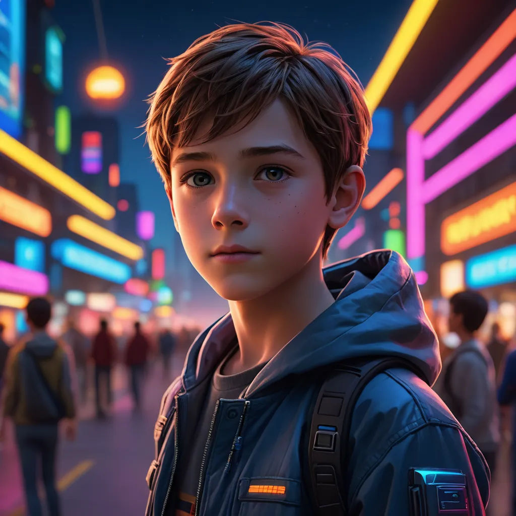 a young boy in a city at night with neon lights on the buildings and people walking around him,, photorealism, cyberpunk art, Alejandro Burdisio, rossdraws global illumination