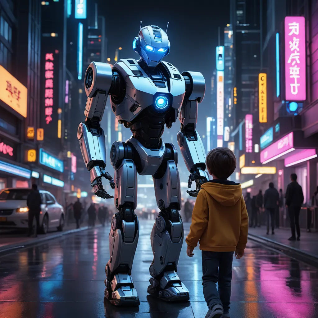 a little boy walking next to a robot in a city at night with neon lights on the buildings and people walking on the sidewalk, les automatistes, cyberpunk art, Beeple, robots