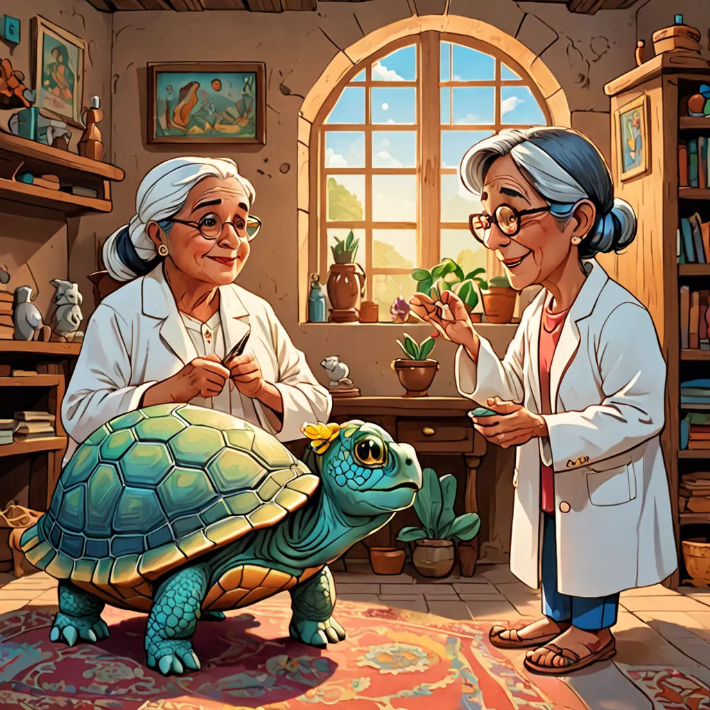a woman is talking to a woman who is petting a turtle in a room with a window and a rug, magical realism, a storybook illustration, Chris LaBrooy, storybook illustration