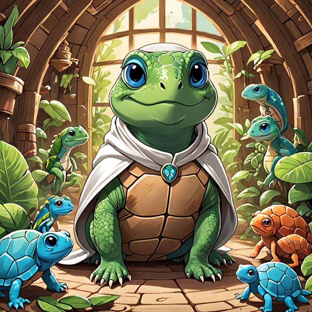 a turtle with a cape surrounded by other turtles and lizards in a cave with a window and a stone floor, sots art, a character portrait, Chris LaBrooy, official art