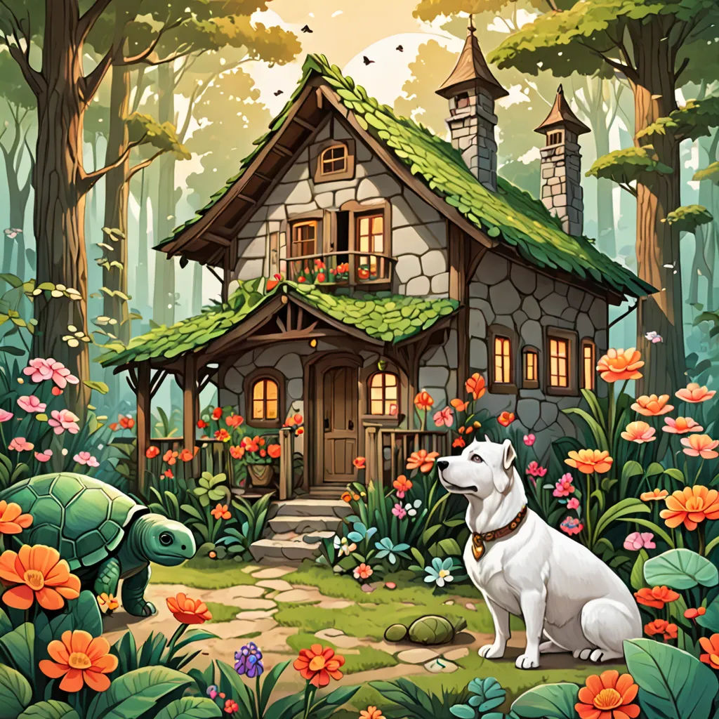 In an enchanted forest lived a turtle family, Doña Tortuguita and her sweet granddaughter Doña Tortugona, along with their magical dog, Tony. Tony, with his sparkling blue eyes and bright white coat, was no ordinary dog.