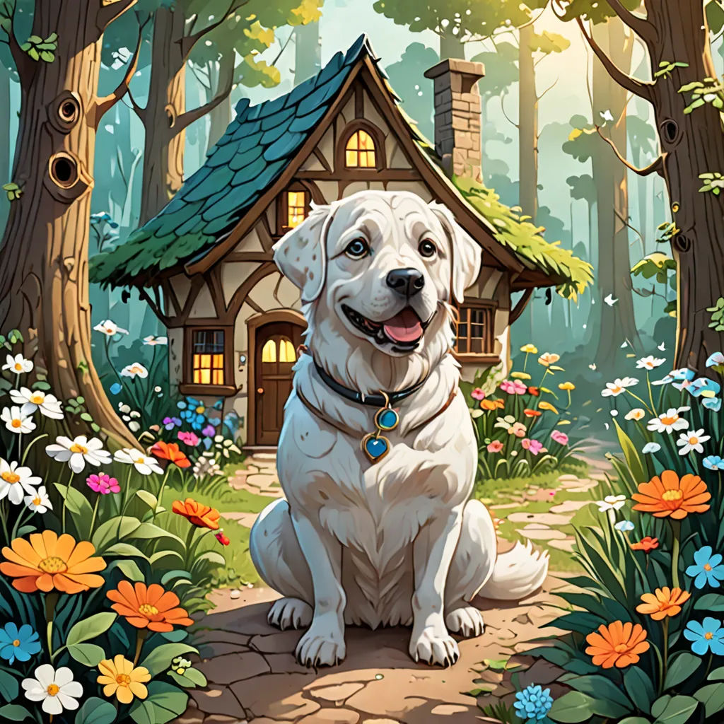 a dog sitting in front of a house in the woods with flowers around it and a dog tag on its collar, fantasy art, a storybook illustration, Chris LaBrooy, storybook illustration
