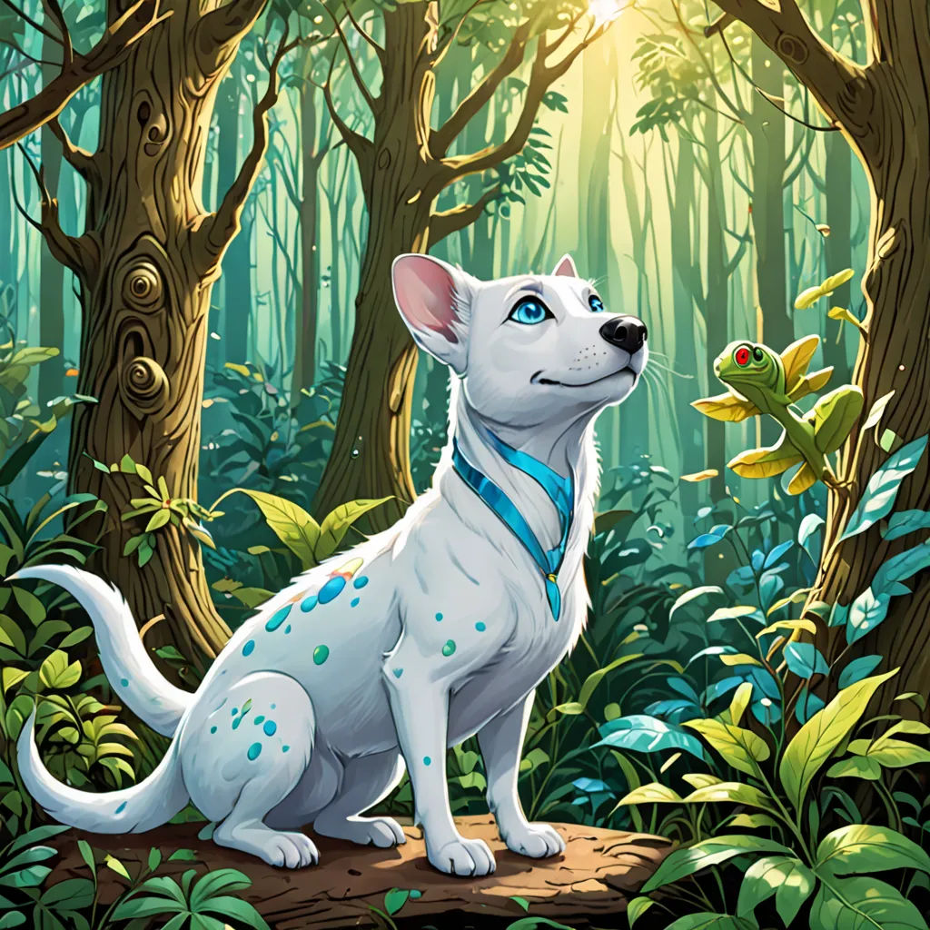 a white dog sitting in the middle of a forest with a frog on his back and a frog on his back, altermodern, a character portrait, Chris LaBrooy, rossdraws global illumination