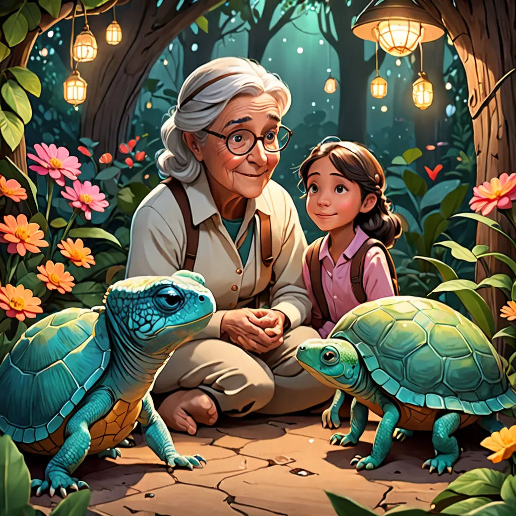 a woman and a child are sitting in the forest with two turtles and a turtle on the ground, and a lantern hanging from the ceiling, magical realism, a storybook illustration, Chris LaBrooy, rossdraws global illumination