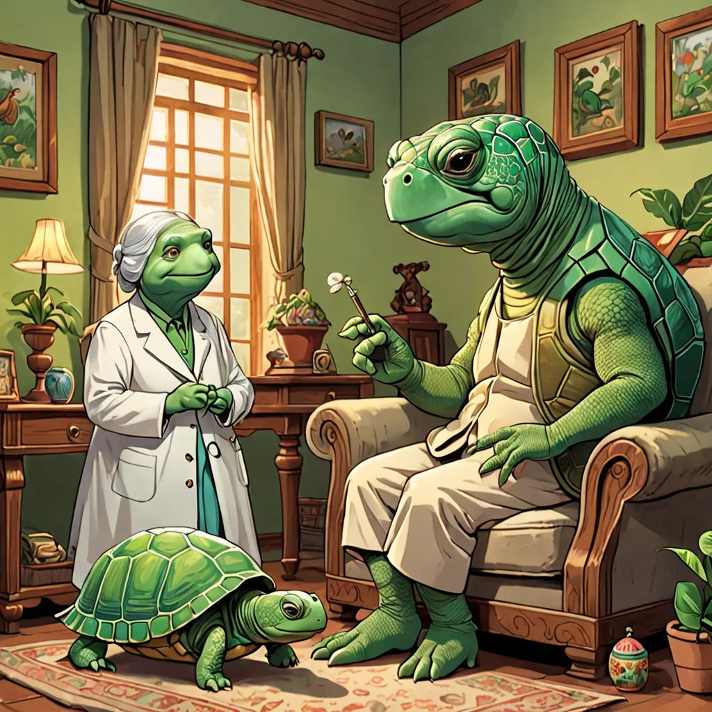 a woman is talking to a turtle in a room with a lamp and a window with a picture of a turtle on it, magic realism, a storybook illustration, Chris LaBrooy, storybook illustration