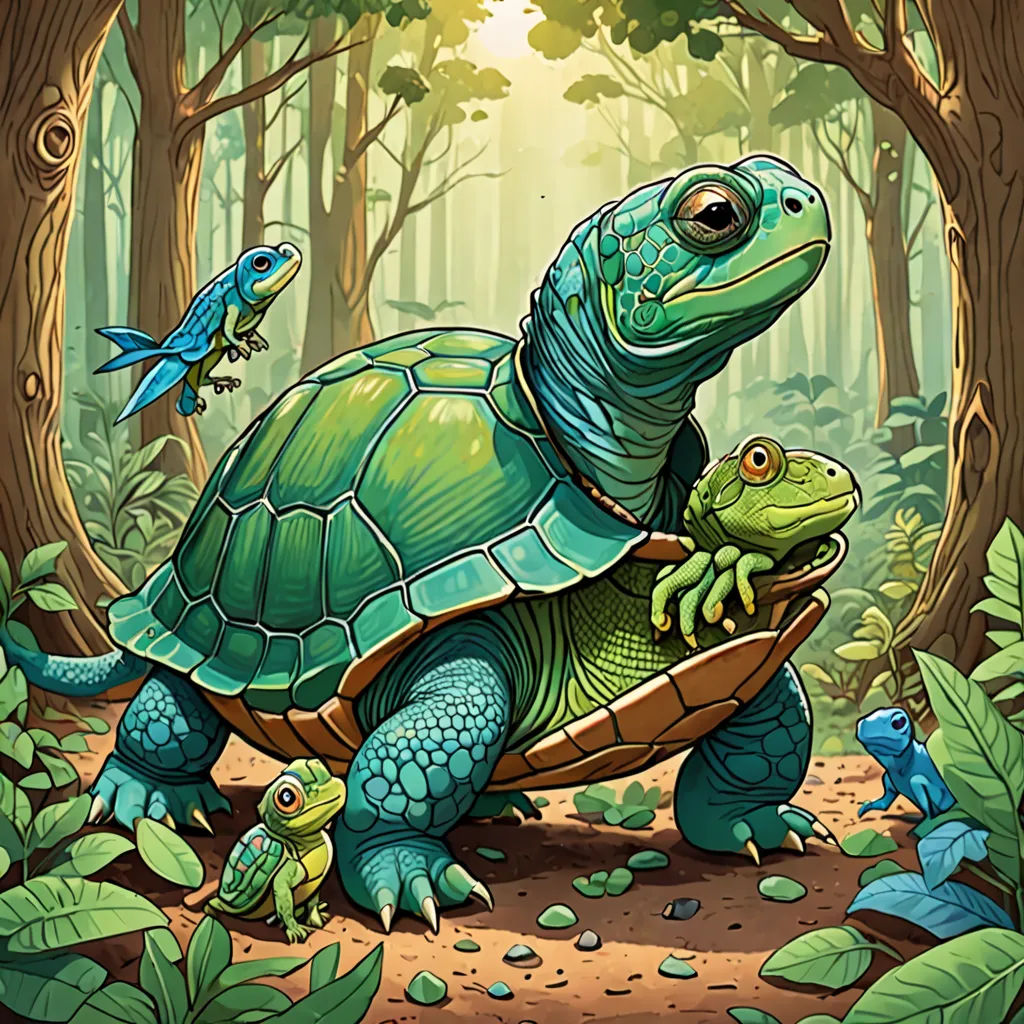 a painting of a turtle and a baby turtle in a forest with birds flying around it and a bird on its back, fantasy art, a storybook illustration, Chris LaBrooy, highly detailed digital painting