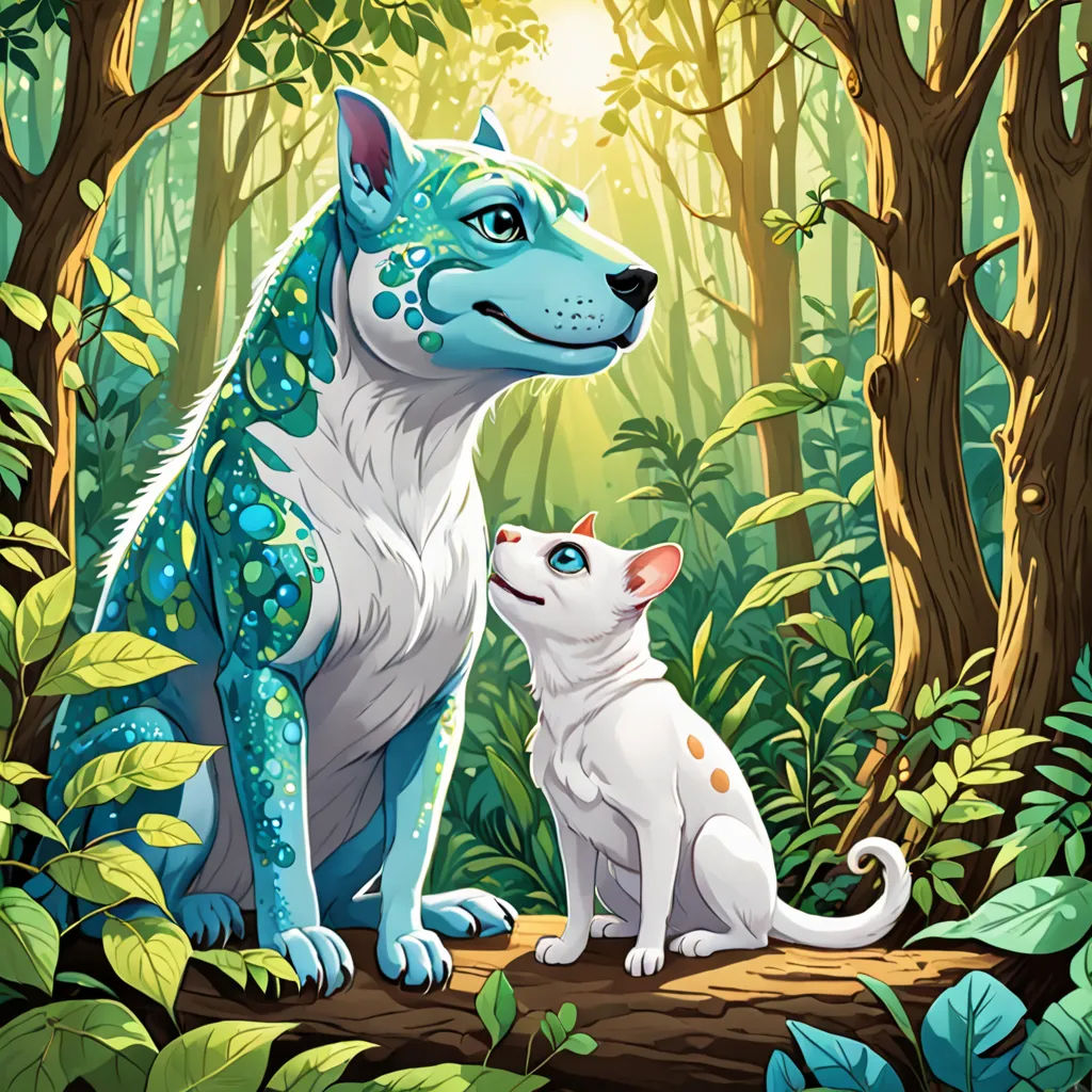 a blue and white dog and a white cat in a forest with trees and plants on the ground and sunlight shining through the trees, sots art, a storybook illustration, Chris LaBrooy, official art