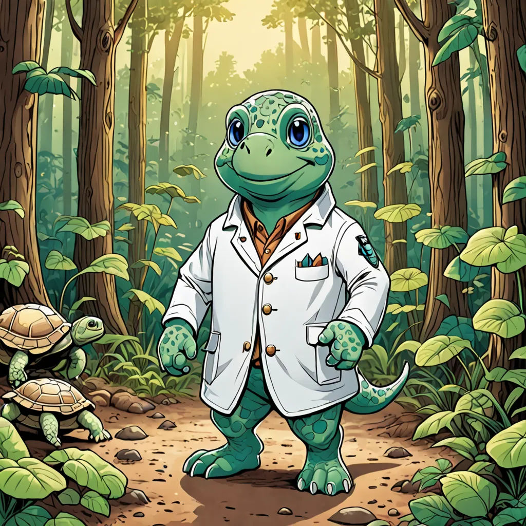 a cartoon turtle in a white coat standing in a forest with a turtle in front of him and a turtle in the background, rayonism, a character portrait, Dr. Atl, official art