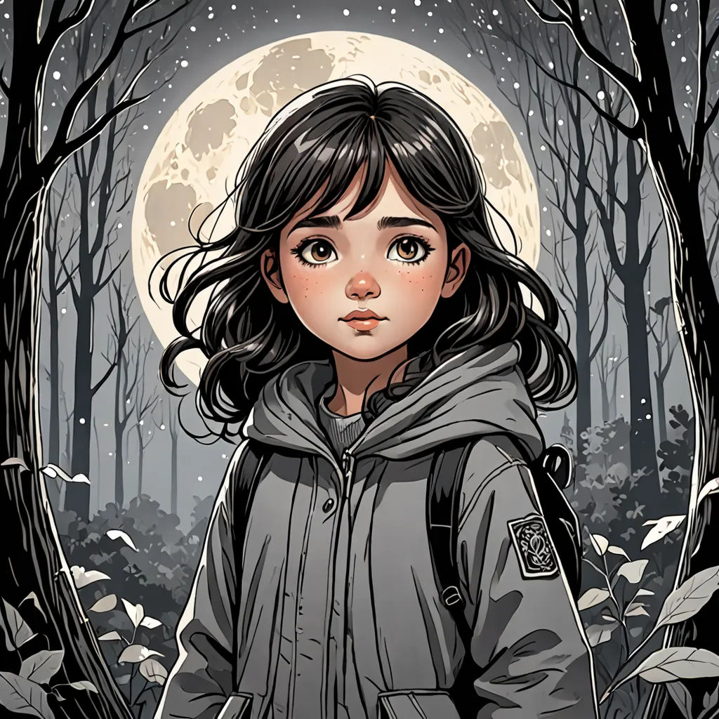 a girl in a hooded jacket standing in the woods with a full moon behind her and trees and leaves, space art, a character portrait, Artgerm, stanley artgerm lau