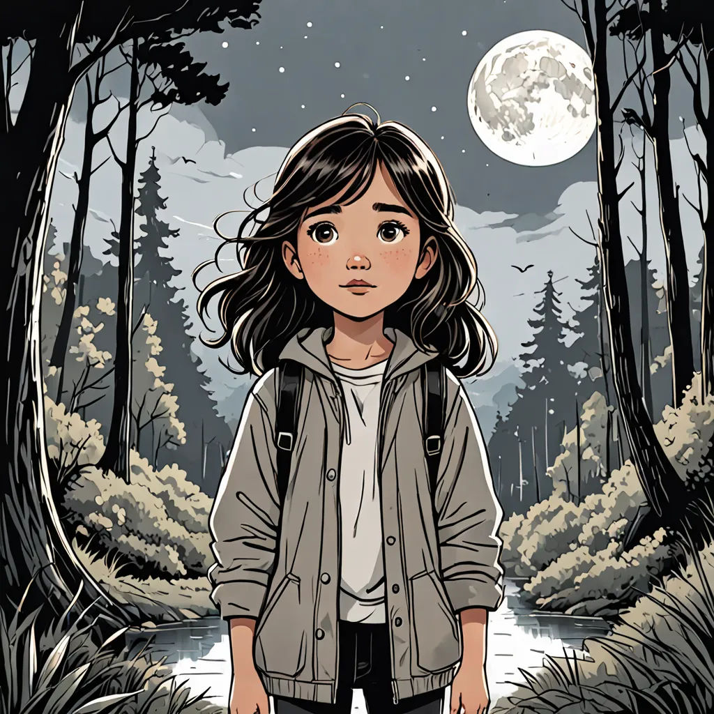 a girl standing in a forest with a full moon in the background and trees and bushes around her, with a river running through the woods, space art, a character portrait, Cliff Childs, comic cover art